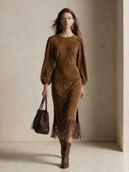 Vintage-Style Elegant Faux Suede Midi Dress With Fringe