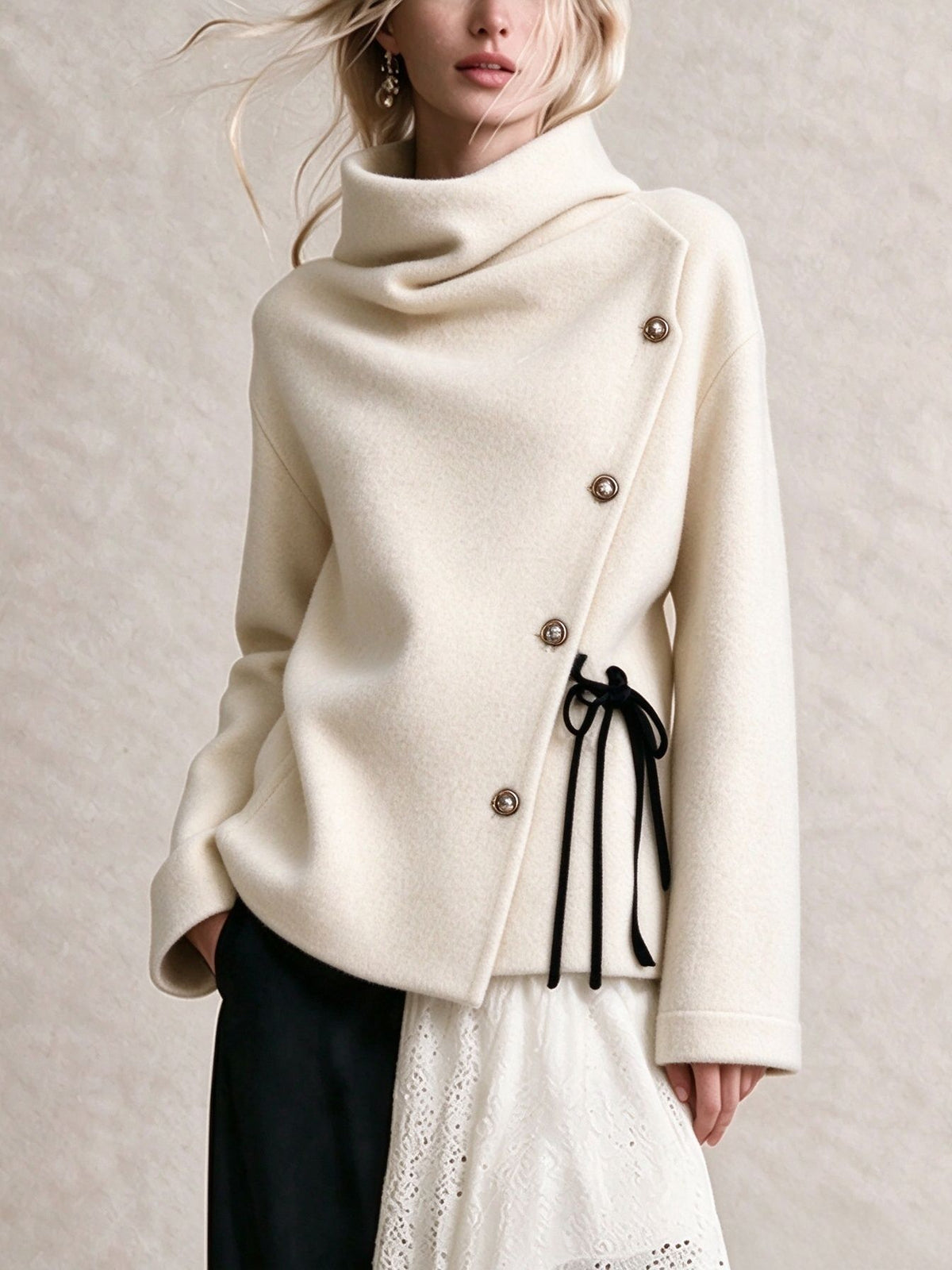 Woolen Draped Neck Asymmetric Button‑Front Jacket