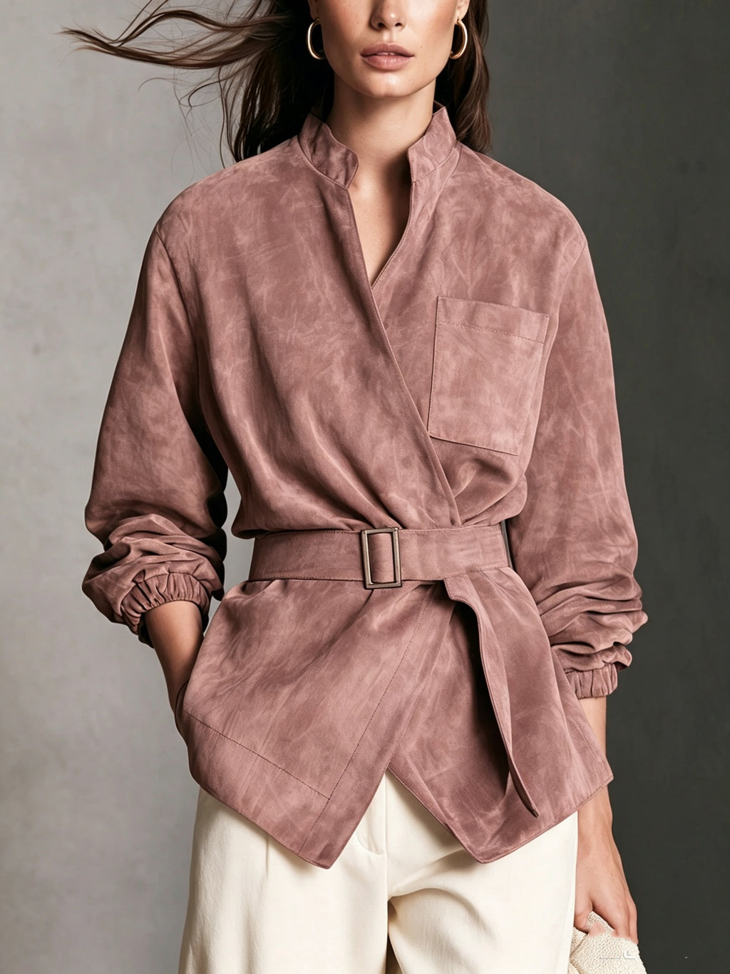 Chaqueta casual marrón de ante de manga larga