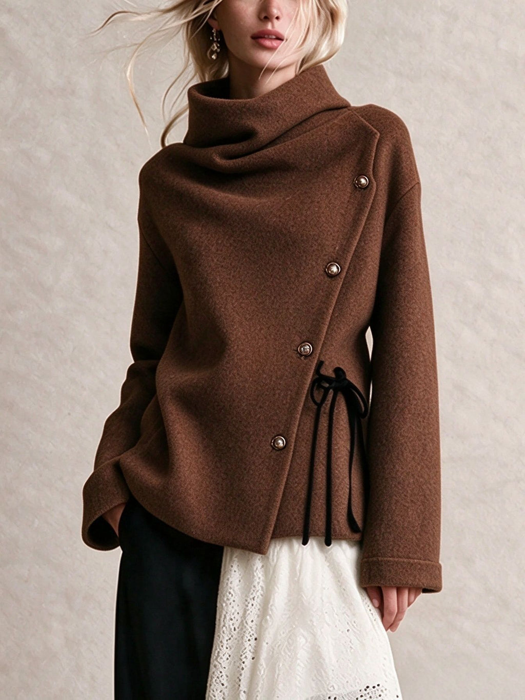 Woolen Draped Neck Asymmetric Button‑Front Jacket
