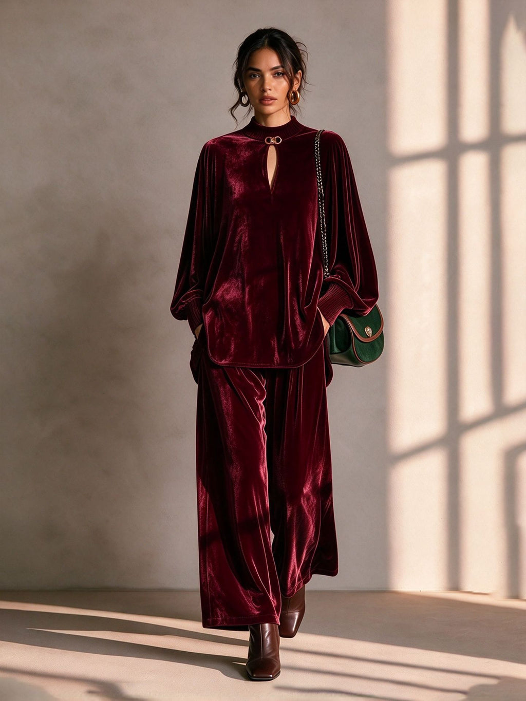 Round Neck Drop-Shoulder Blouson-Sleeve Top & Wide-Leg Trouser Velvet Set