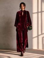 Round Neck Drop-Shoulder Blouson-Sleeve Top & Wide-Leg Trouser Velvet Set