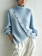 Turtleneck Knit Sweater With Diagonal Wooden Button Detail