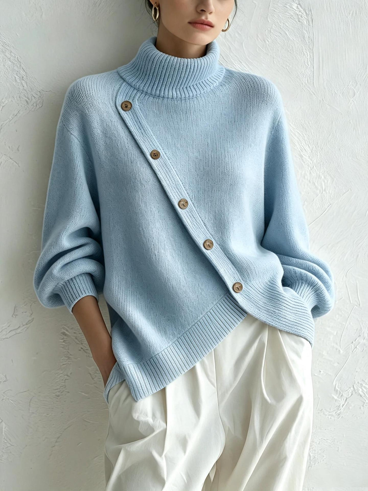 Turtleneck Knit Sweater With Diagonal Wooden Button Detail