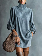 Loose-fitting Faux Suede High-neck Mini Dress