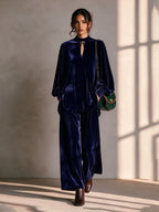 Round Neck Drop-Shoulder Blouson-Sleeve Top & Wide-Leg Trouser Velvet Set