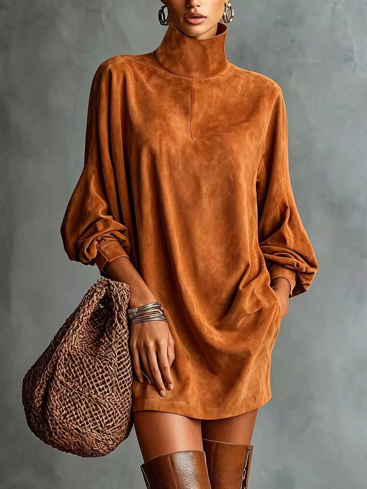 Loose-fitting Faux Suede High-neck Mini Dress