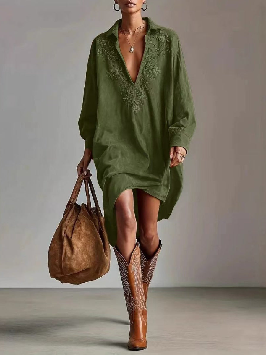Suede Loose Lapel V-neck Embroidered Long-sleeved Midi Dress