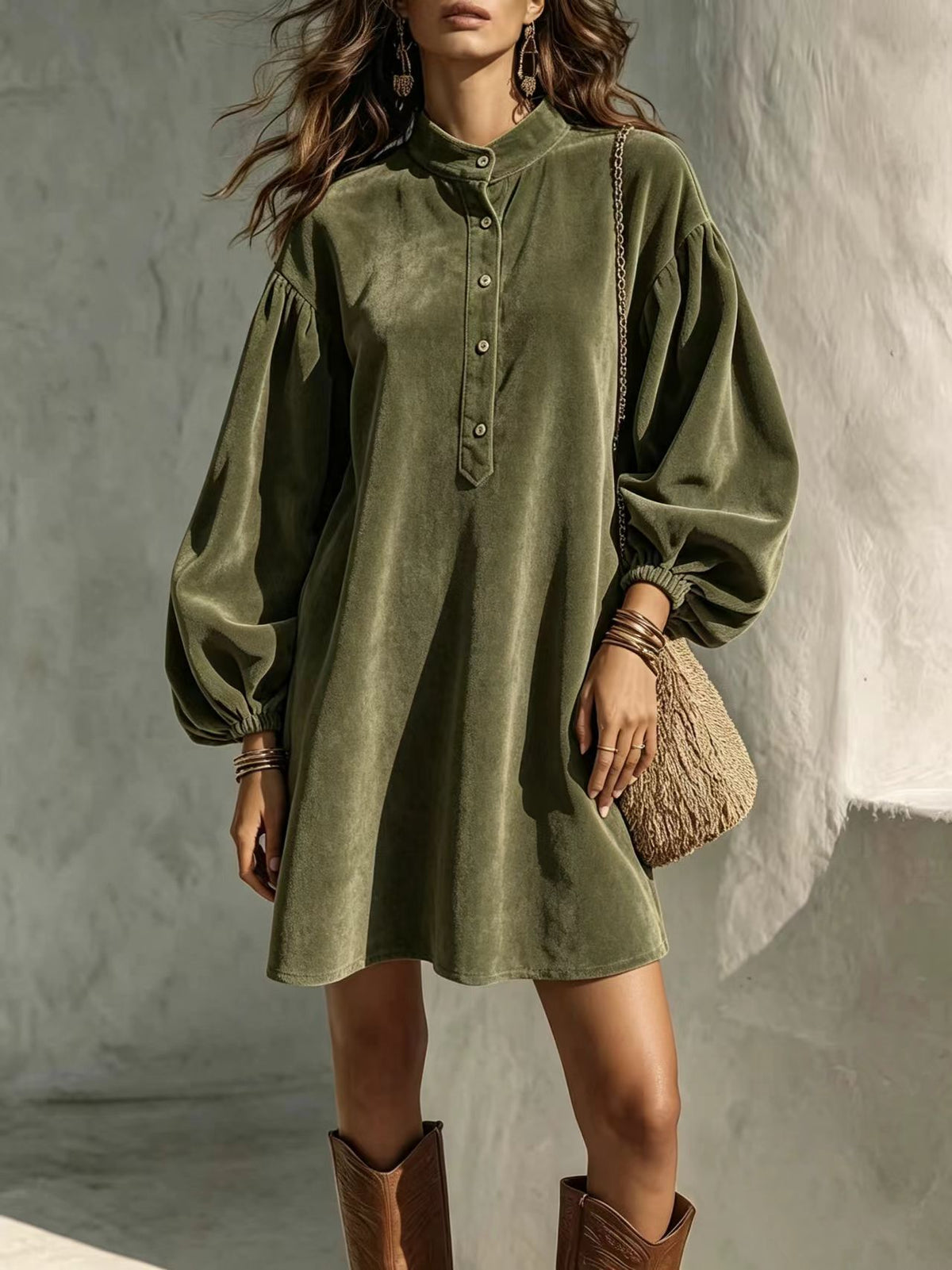 Vintage Velvet Lantern-Sleeve Button-Collar Mini Dress