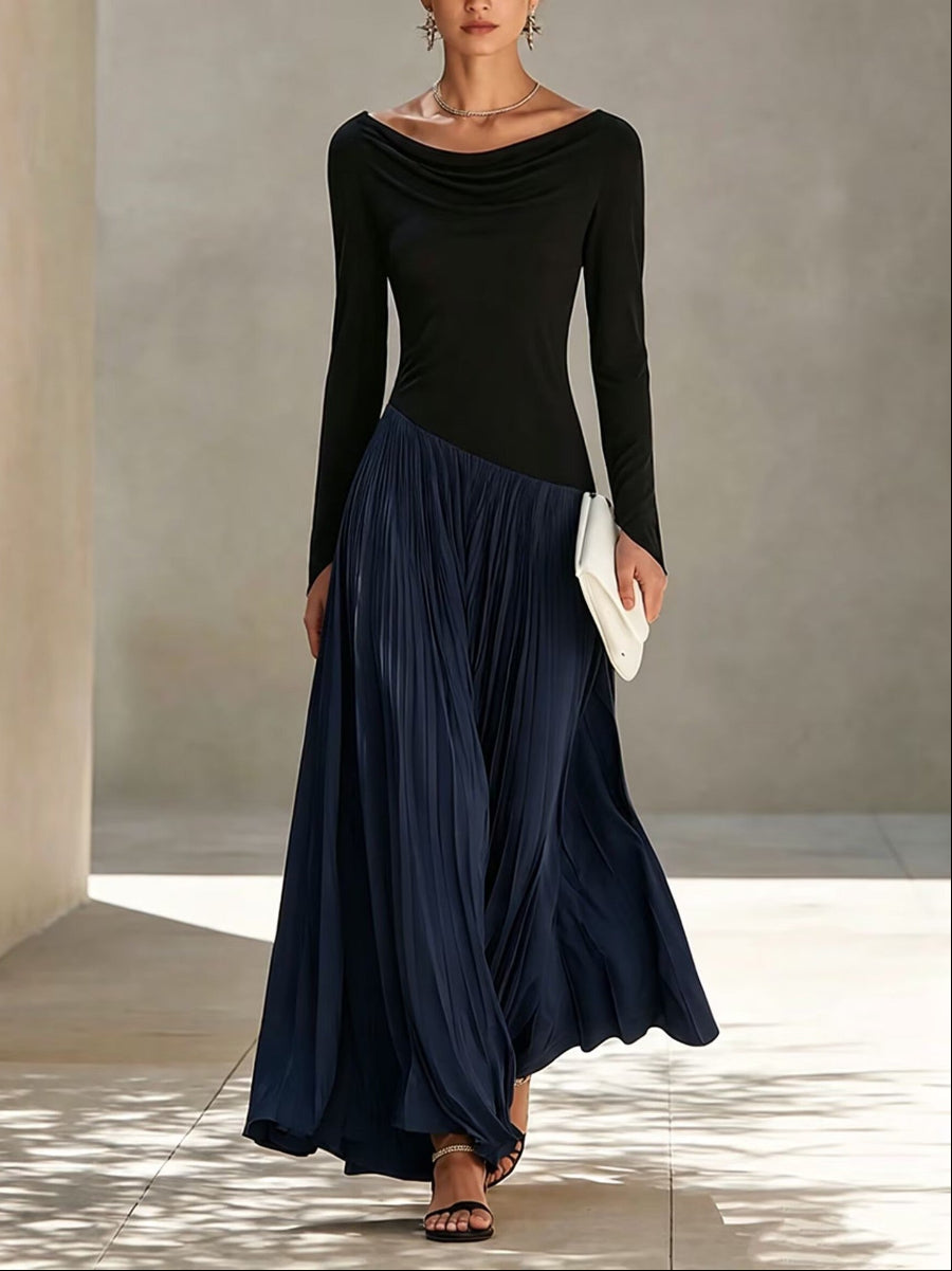 Minimalist Two-Tone Color-Block Maxi Dress With Drape Neckline