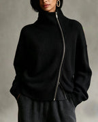 Diagonal‑Zip Funnel Neck Knit Sweater