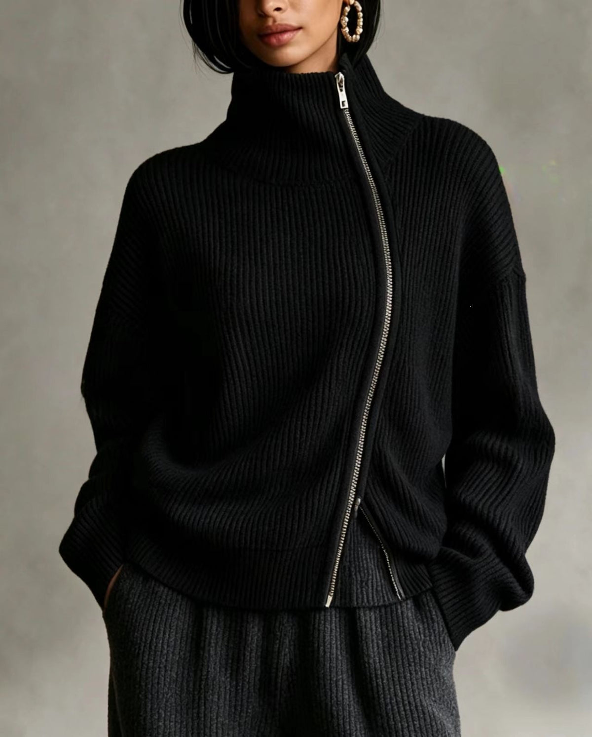 Diagonal‑Zip Funnel Neck Knit Sweater