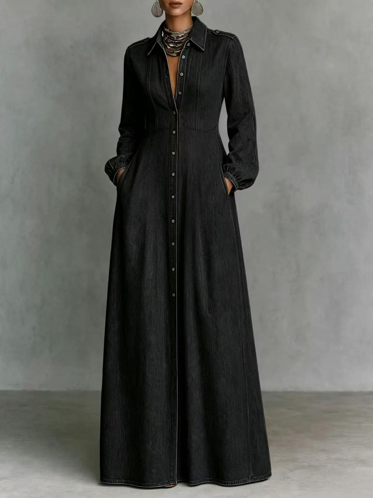 Denim Button Front Maxi Dress