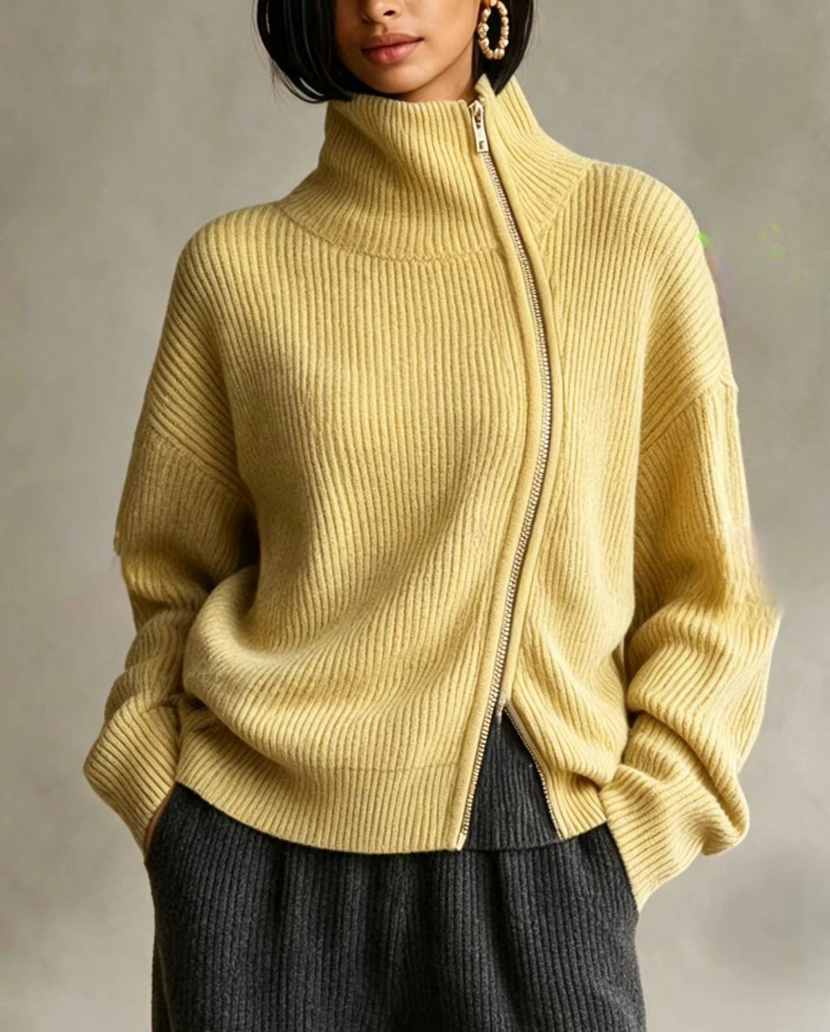 Diagonal‑Zip Funnel Neck Knit Sweater