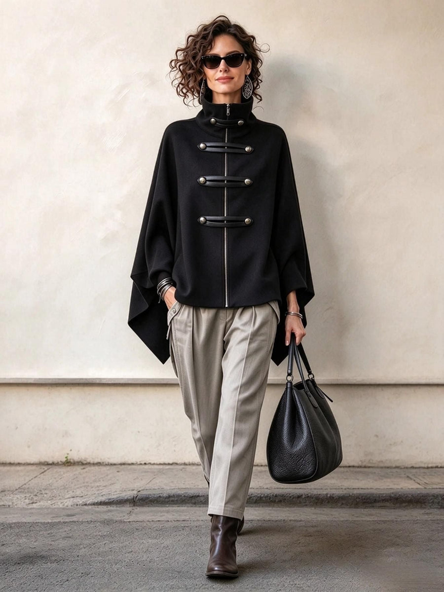 Cozy Stand-collar Stud-embellished Zippered Cape Coat