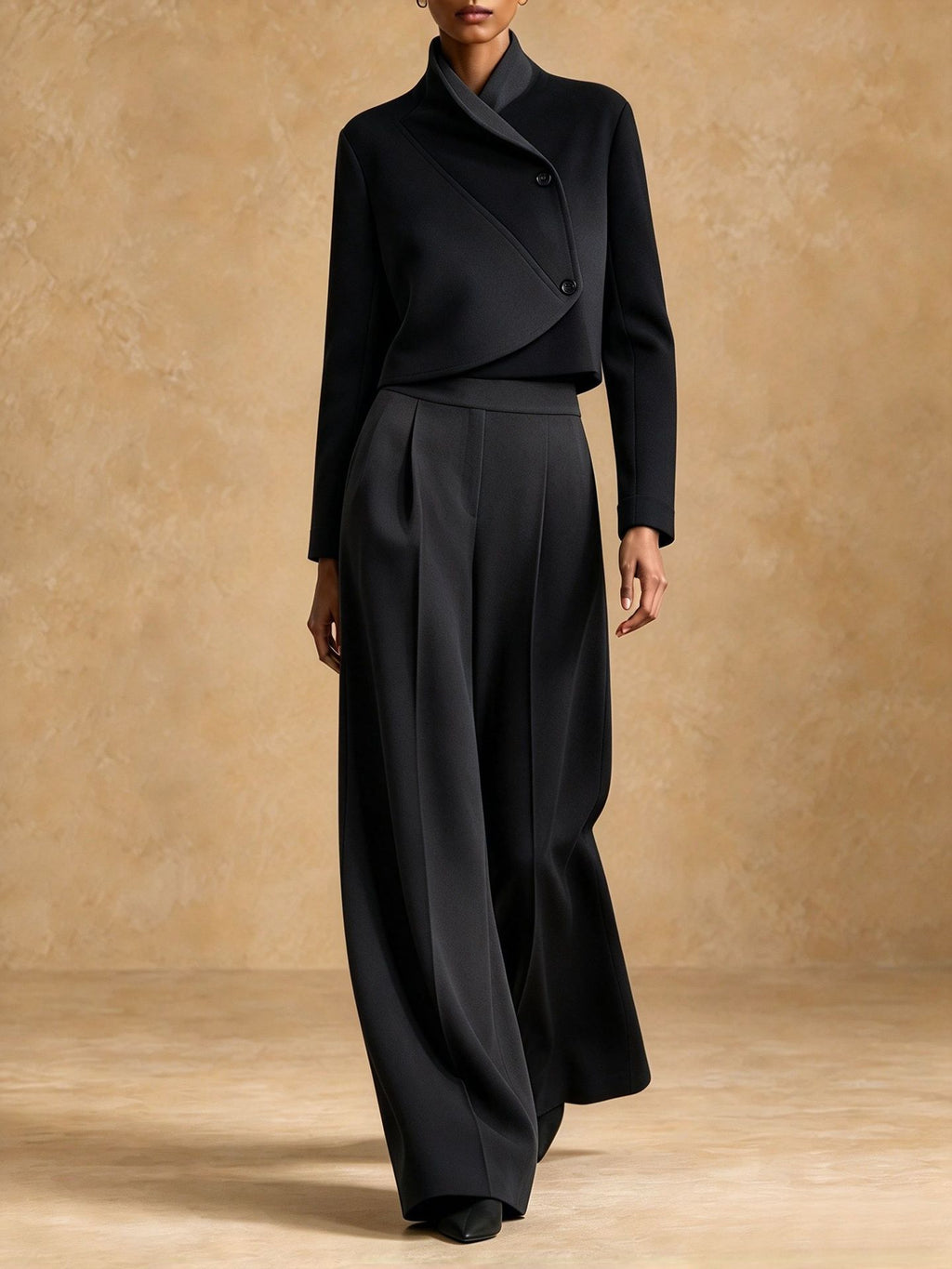Asymmetric Cropped Jacket and Wide-Leg Trousers Set