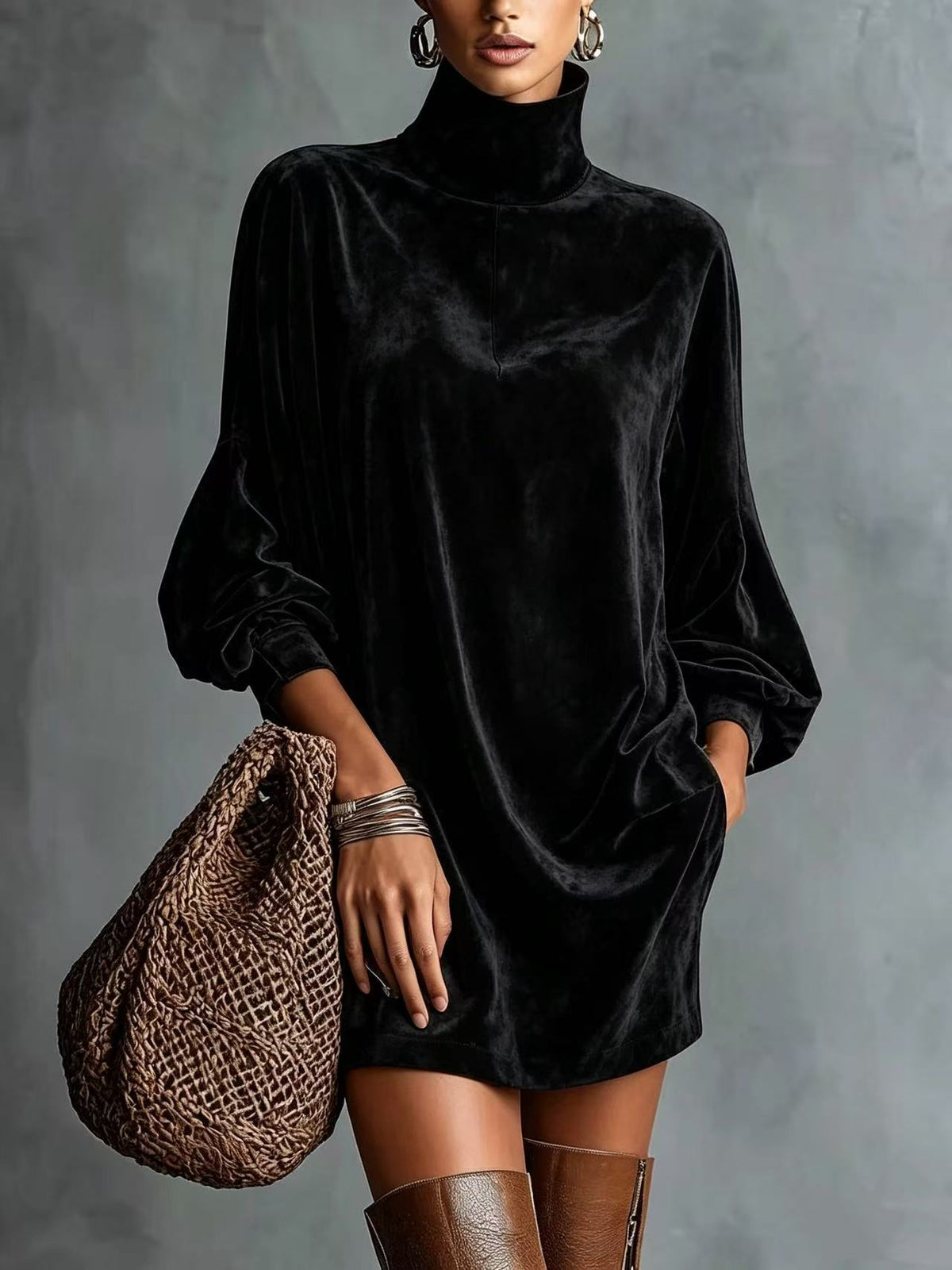 Loose-fitting Faux Suede High-neck Mini Dress