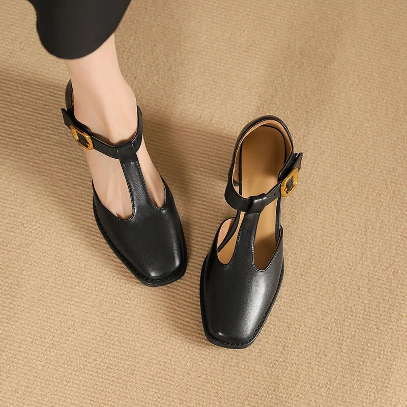 Square-Toe Buckle T-Strap Leather Pumps