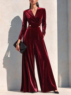 Luxury Velvet Wide-Leg Jumpsuit With Defined Waist