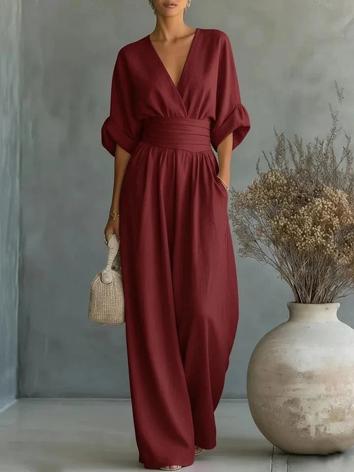Boho Kombinezon z Szerokimi Nogawkami Wysokim Stanem i Dekolt w Szew