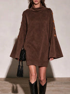 Camel Faux Suede Turtleneck Mini Dress