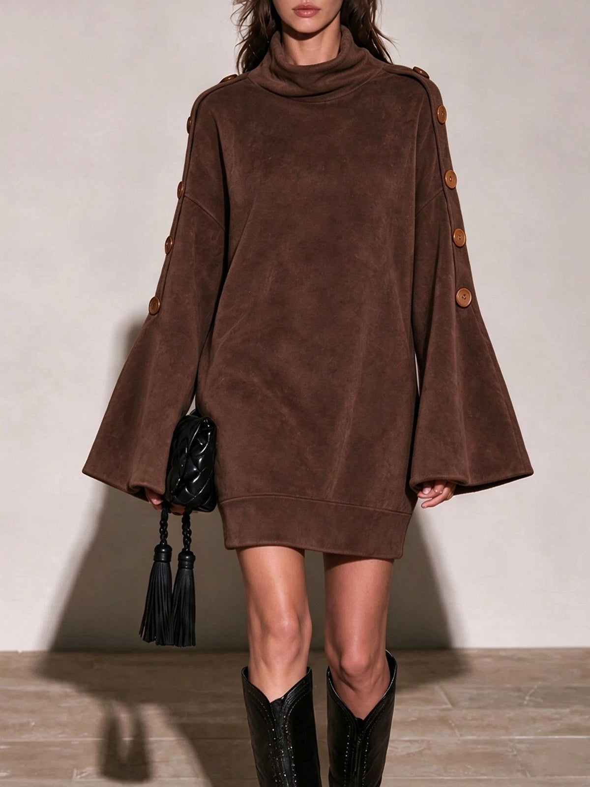 Camel Faux Suede Turtleneck Mini Dress
