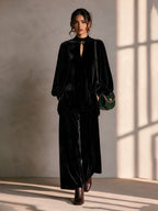 Round Neck Drop-Shoulder Blouson-Sleeve Top & Wide-Leg Trouser Velvet Set