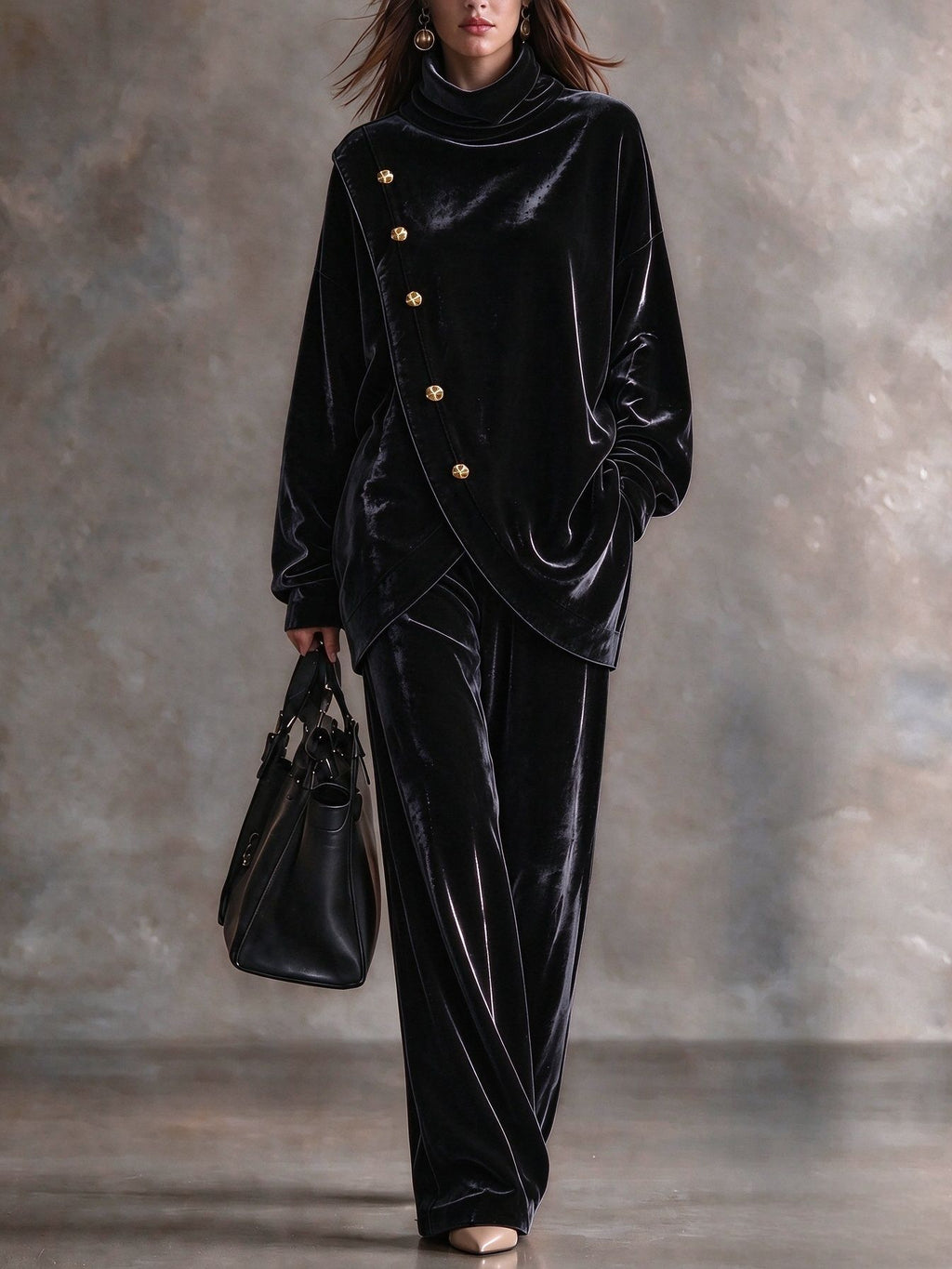 Velvet High-Neck Two-Piece Set with Asymmetric Metal Buttons
