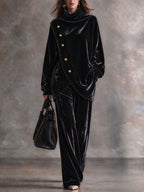 Velvet High-Neck Two-Piece Set with Asymmetric Metal Buttons