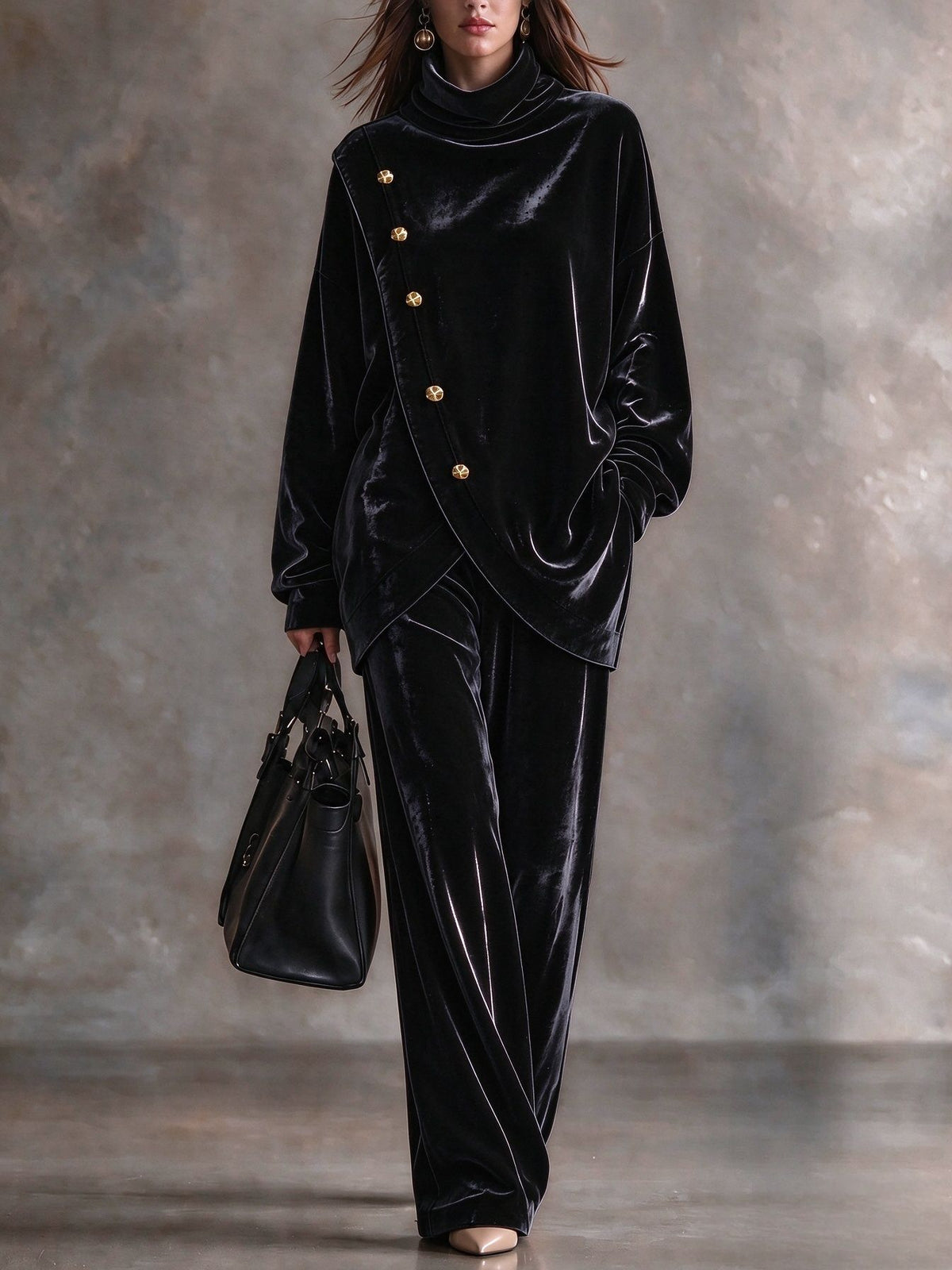 Velvet High-Neck Two-Piece Set with Asymmetric Metal Buttons