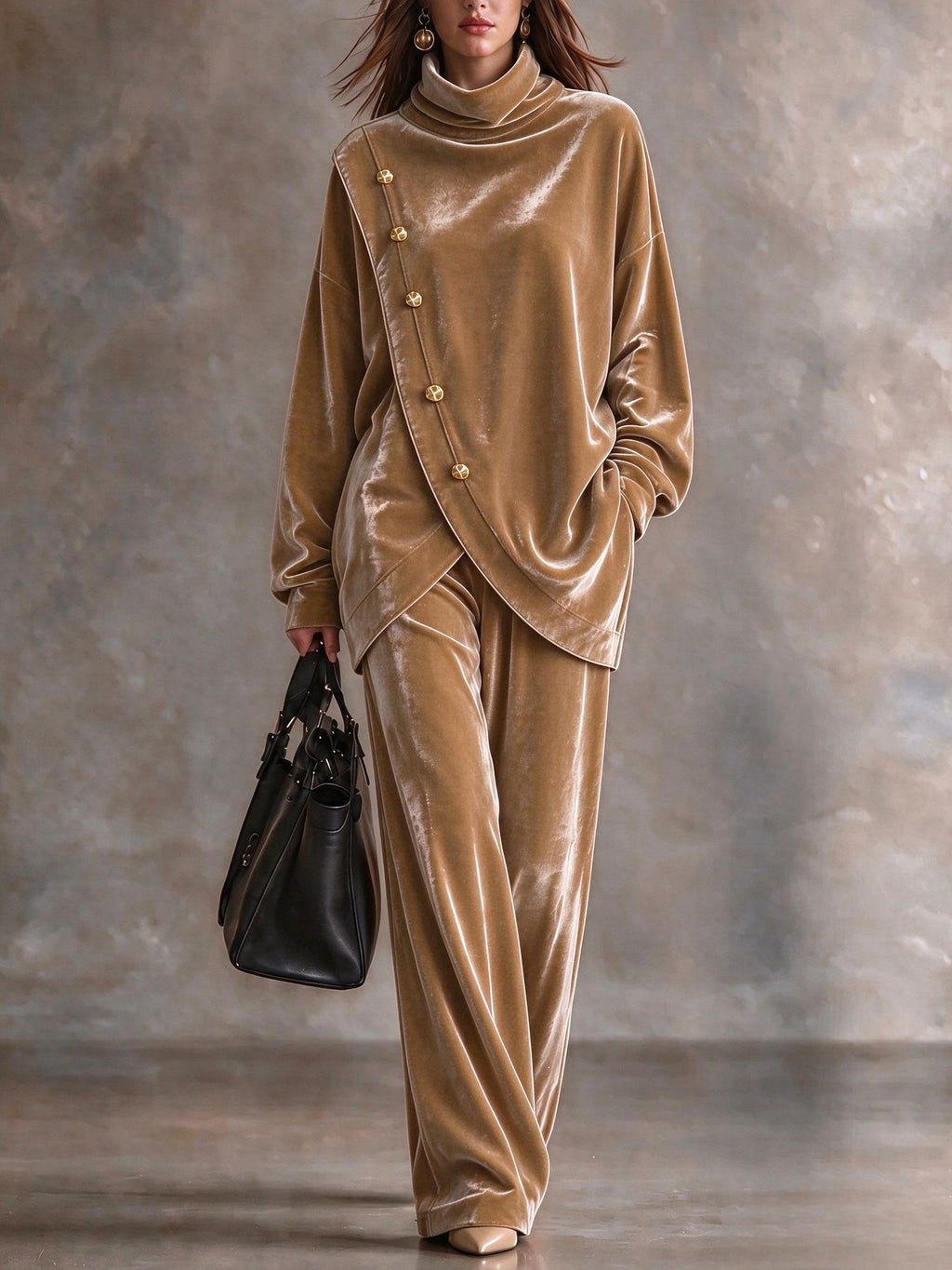 Velvet High-Neck Two-Piece Set with Asymmetric Metal Buttons