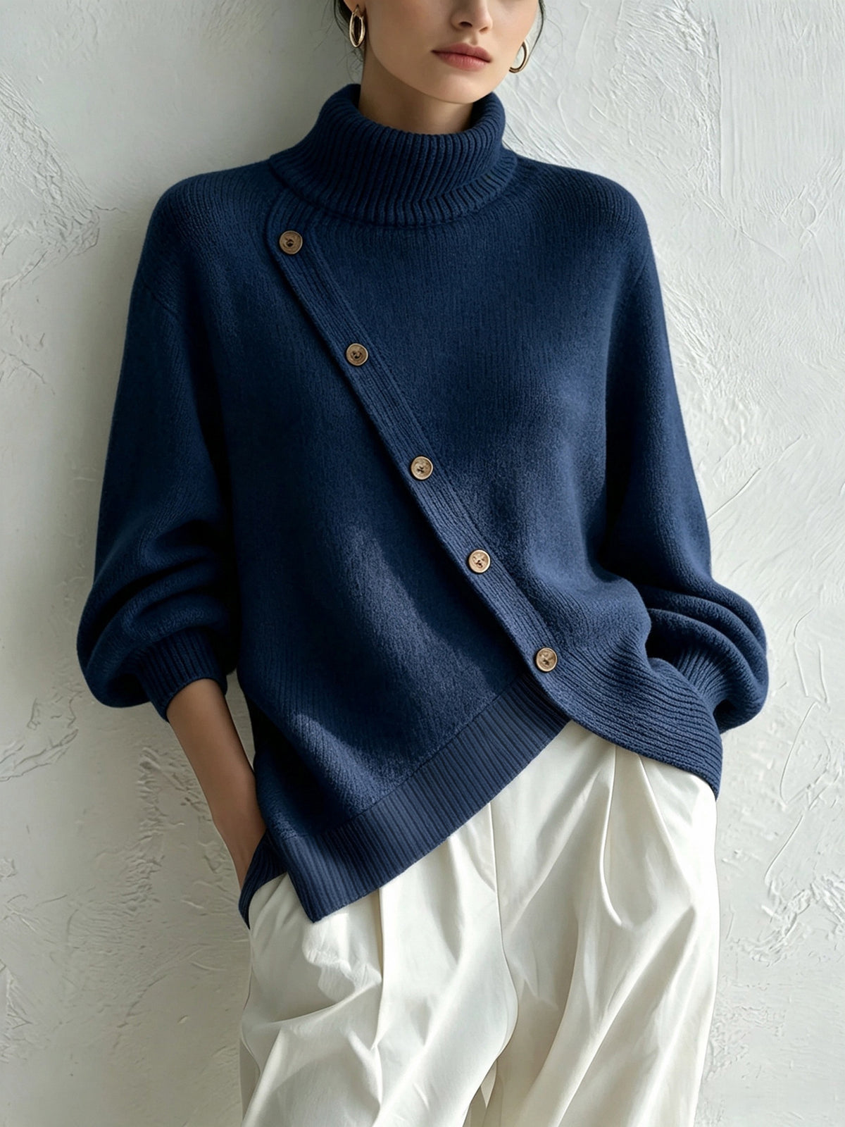 Turtleneck Knit Sweater With Diagonal Wooden Button Detail