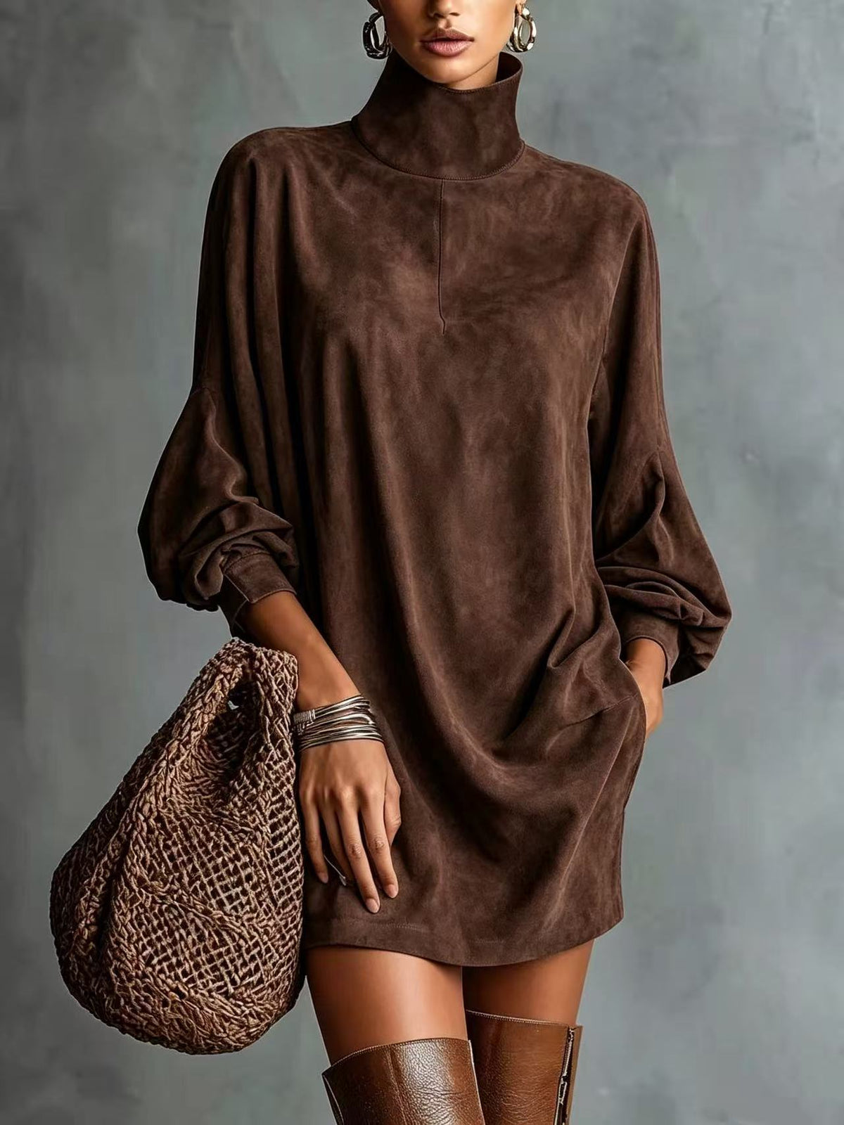 Loose-fitting Faux Suede High-neck Mini Dress
