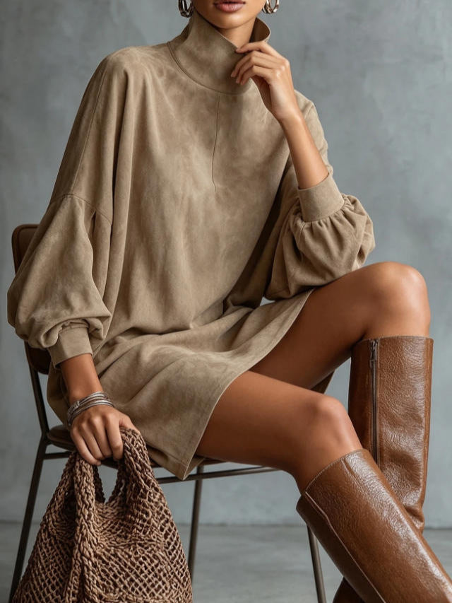 Loose-fitting Faux Suede High-neck Mini Dress
