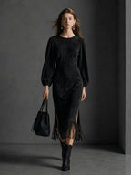 Vintage-Style Elegant Faux Suede Midi Dress With Fringe