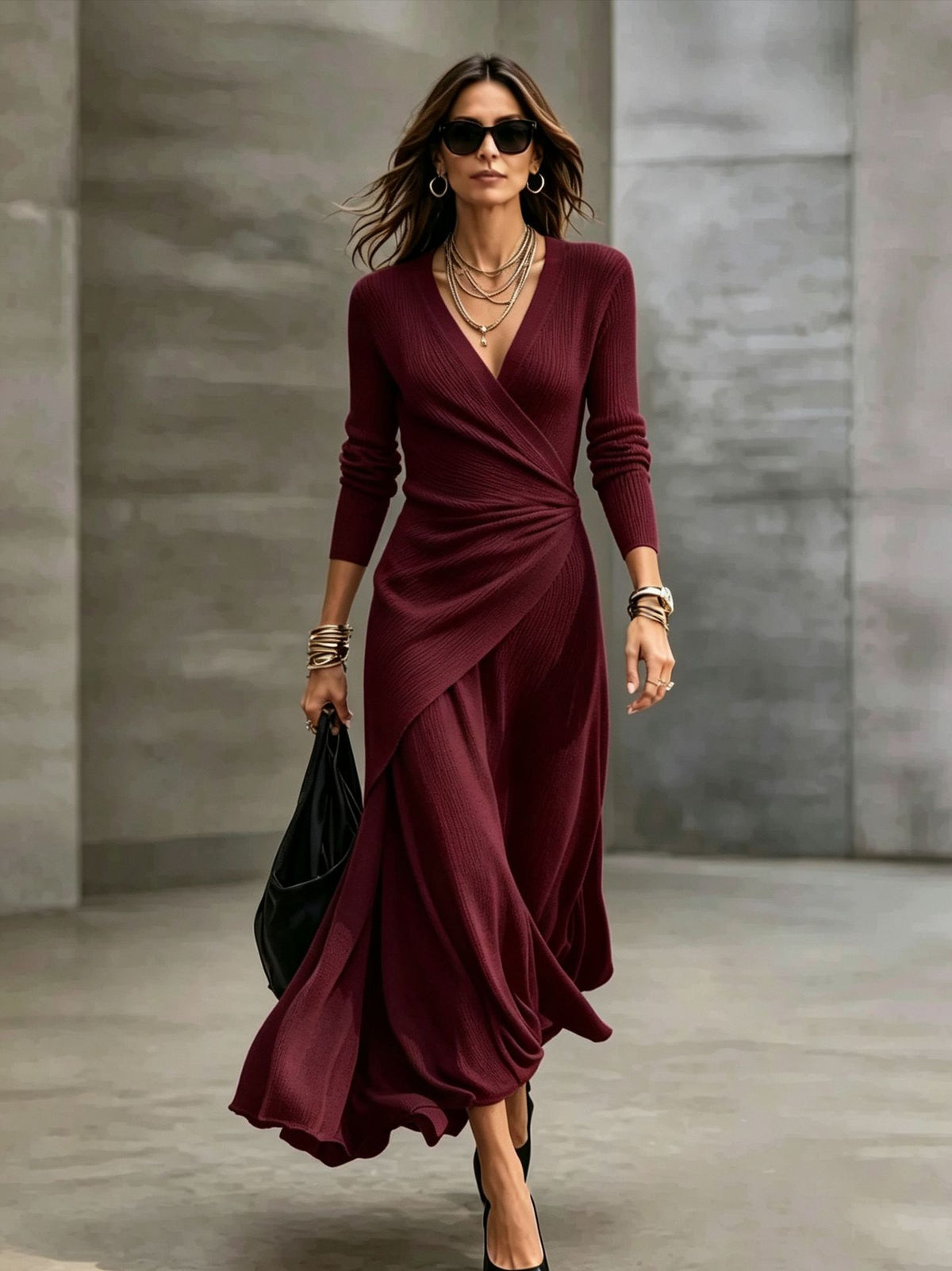 Elegant Ribbed Wrap Maxi Dress
