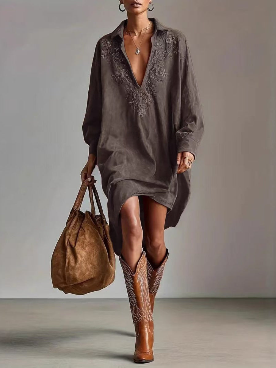 Suede Loose Lapel V-neck Embroidered Long-sleeved Midi Dress