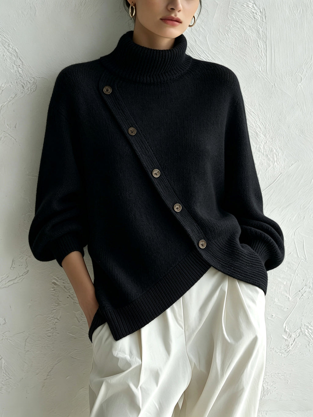 Turtleneck Knit Sweater With Diagonal Wooden Button Detail