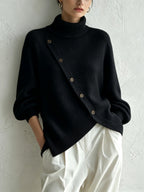Turtleneck Knit Sweater With Diagonal Wooden Button Detail