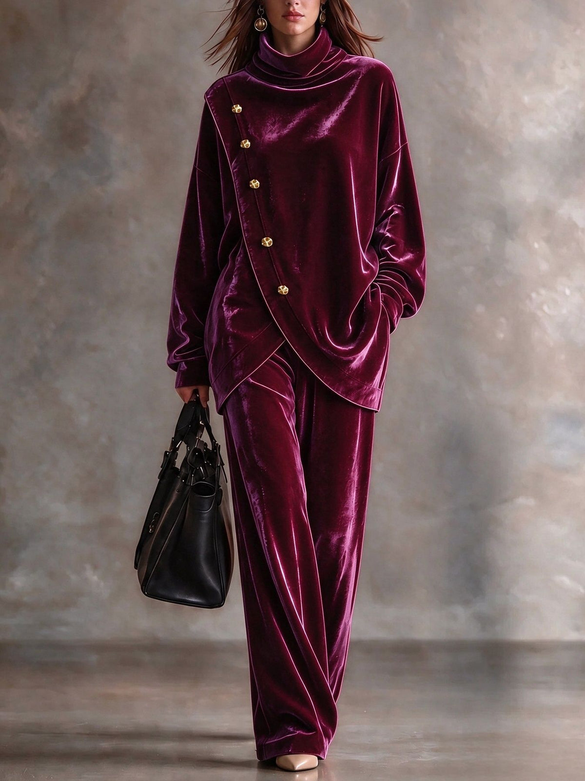 Velvet High-Neck Two-Piece Set with Asymmetric Metal Buttons