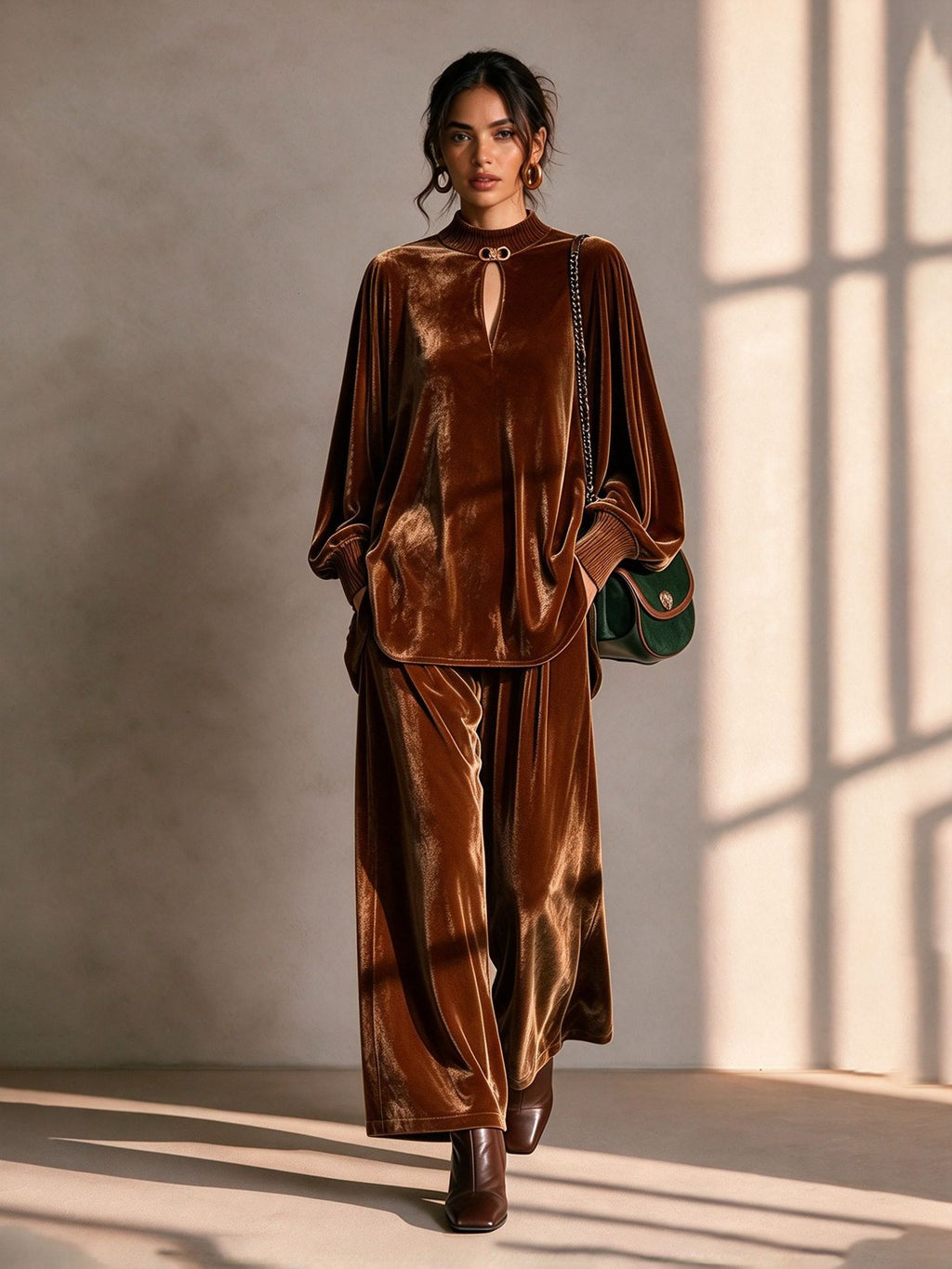 Round Neck Drop-Shoulder Blouson-Sleeve Top & Wide-Leg Trouser Velvet Set