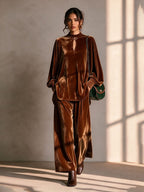Round Neck Drop-Shoulder Blouson-Sleeve Top & Wide-Leg Trouser Velvet Set