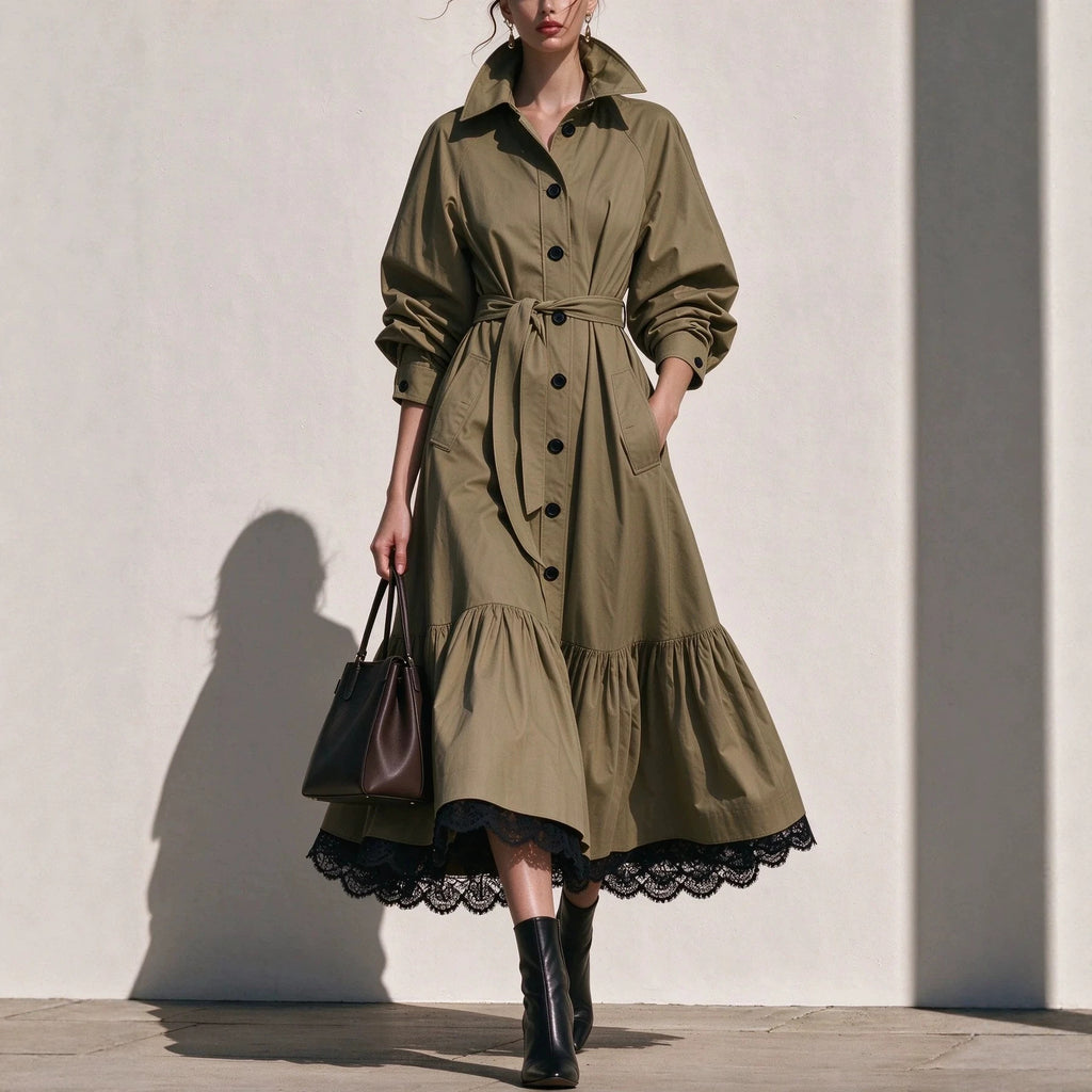 Elegant A-Line Lace Hem Belted Trench Coat