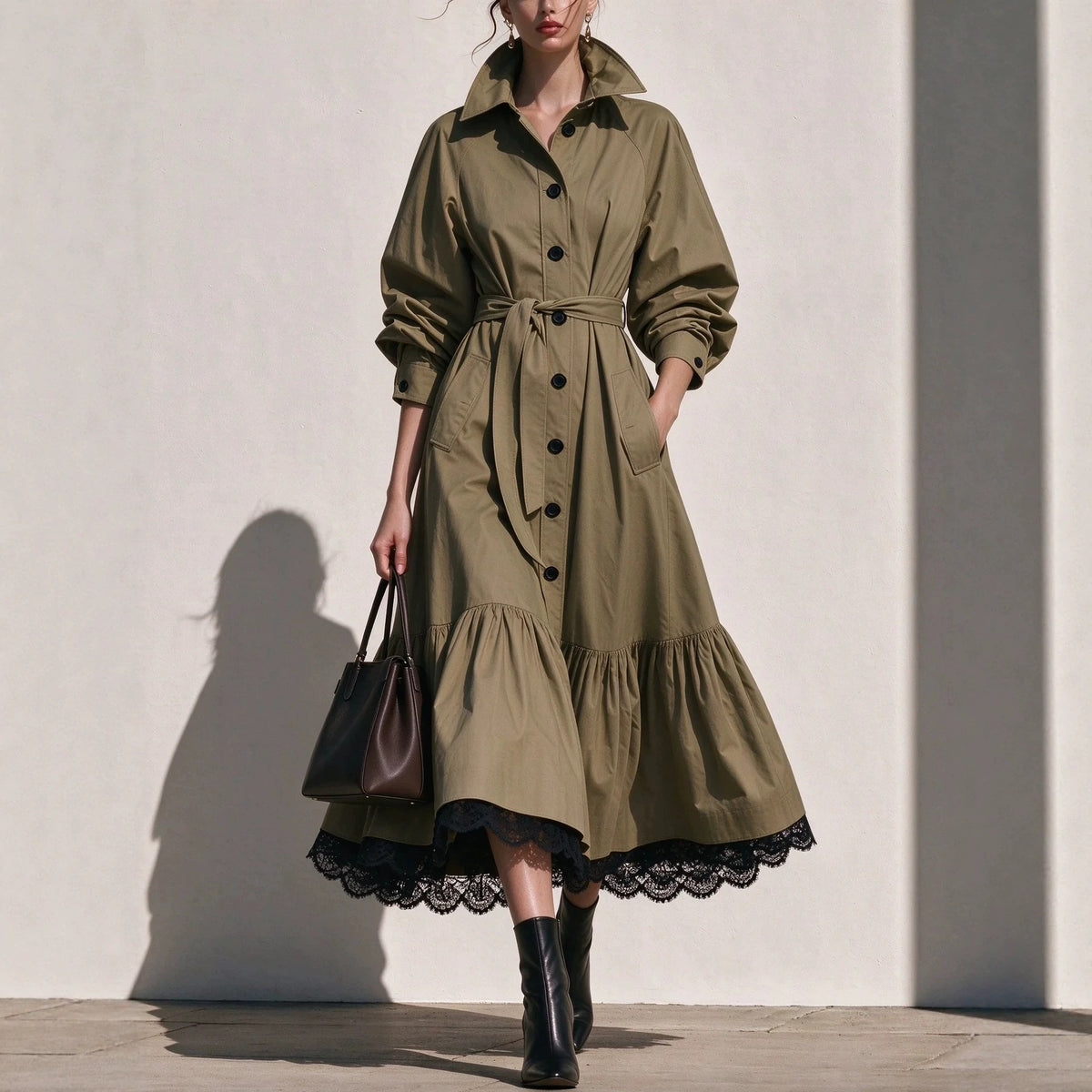 Elegant A-Line Lace Hem Belted Trench Coat