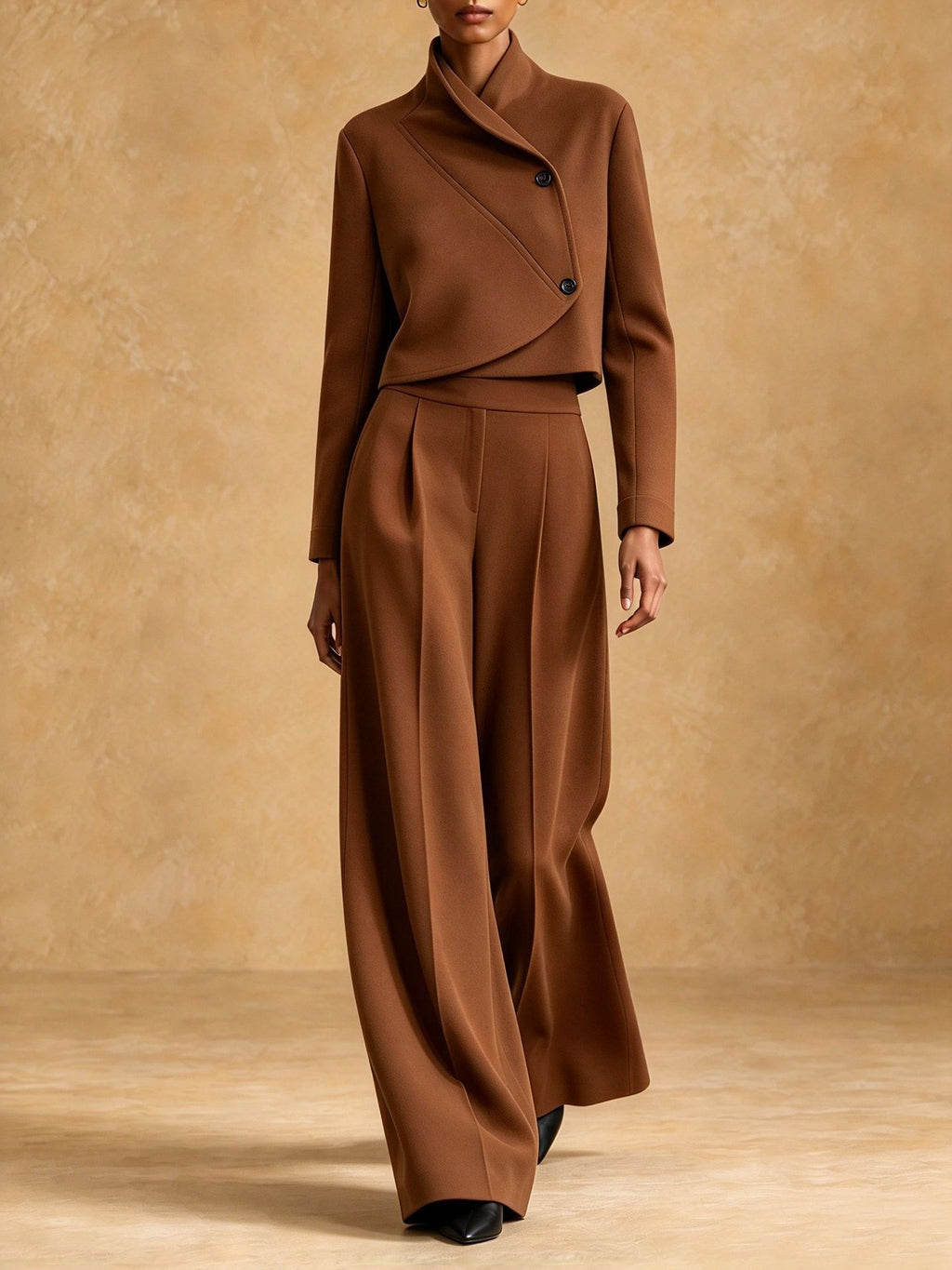 Asymmetric Cropped Jacket and Wide-Leg Trousers Set