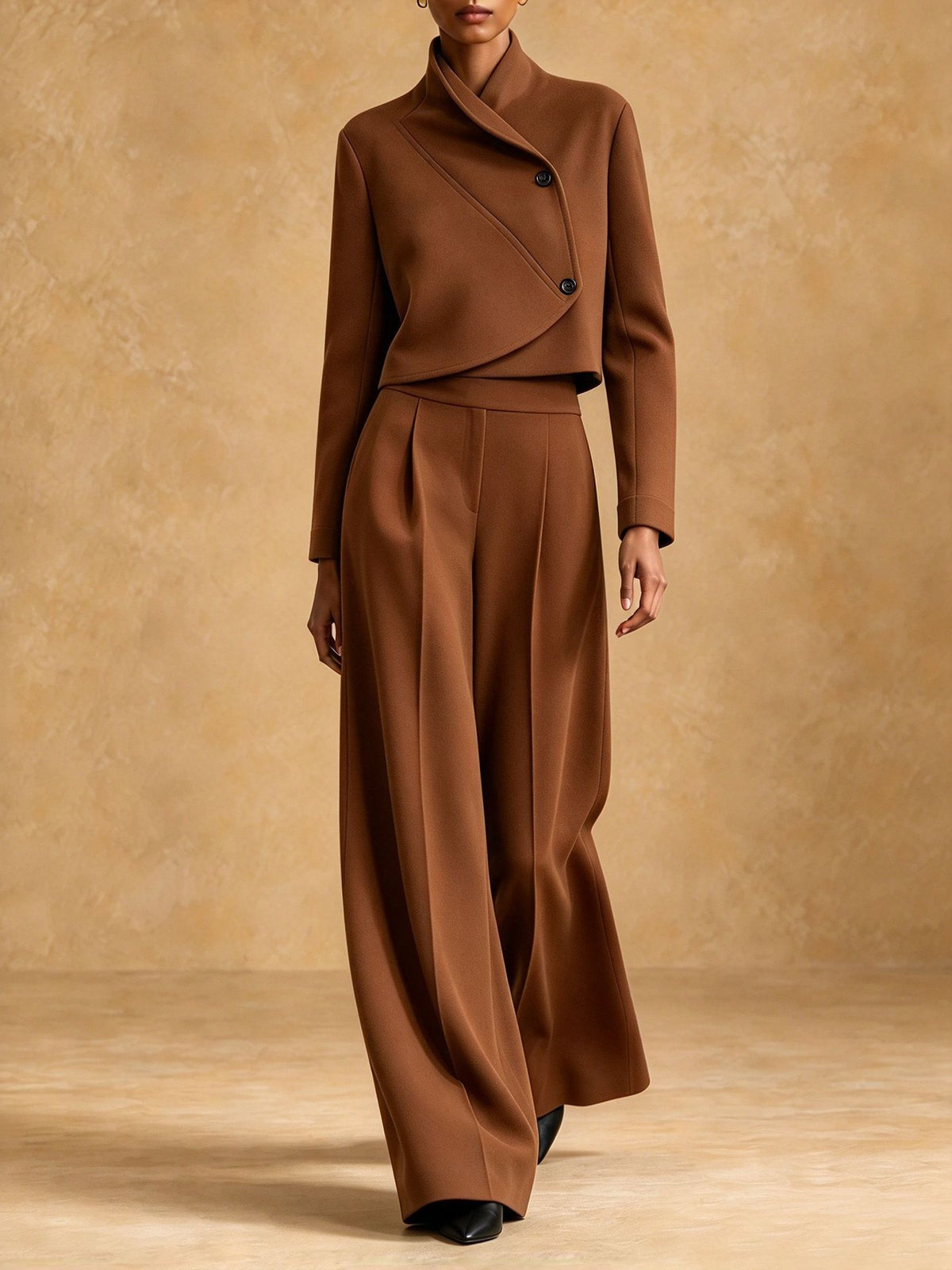 Asymmetric Cropped Jacket and Wide-Leg Trousers Set