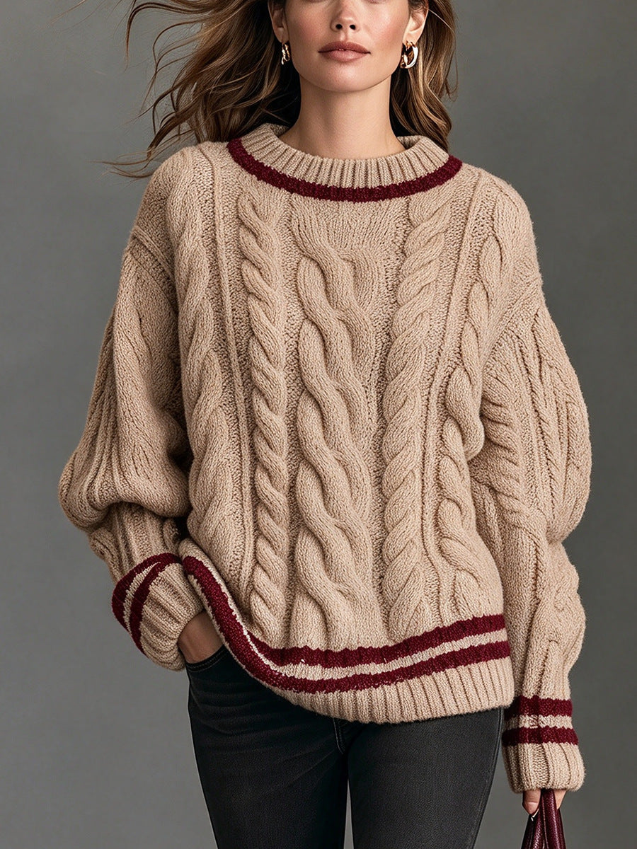 Casual Cable-Knit Long-Sleeve Crew-Neck Sweater