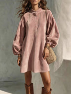 Vintage Velvet Lantern-Sleeve Button-Collar Mini Dress