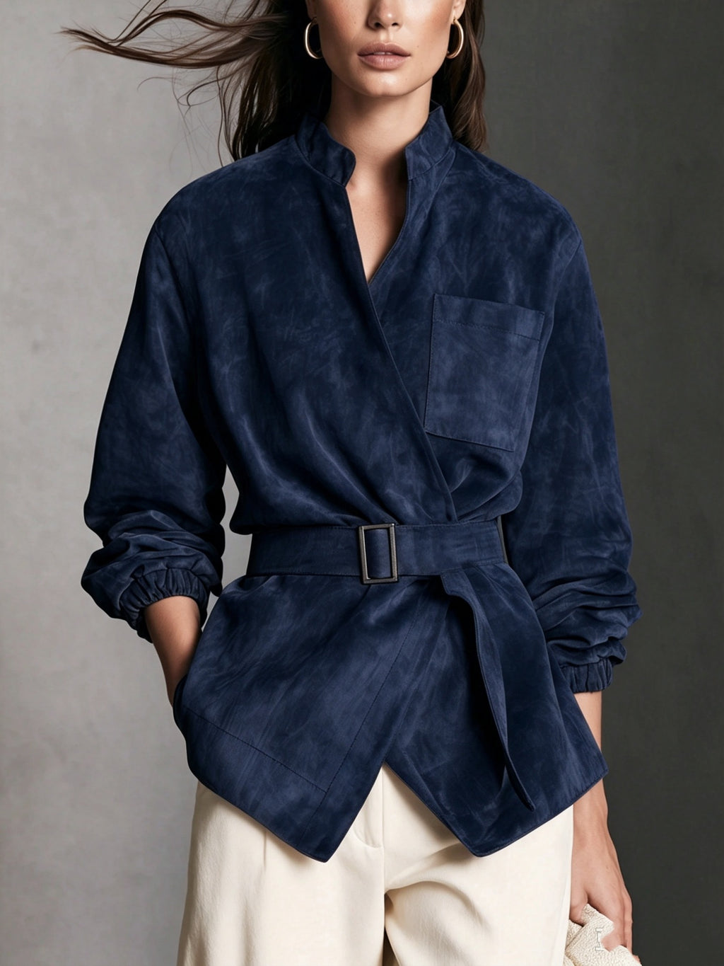 Chaqueta casual marrón de ante de manga larga