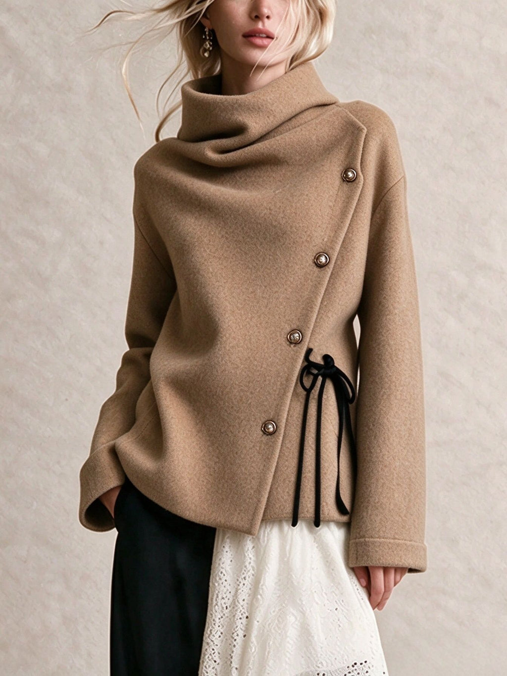 Woolen Draped Neck Asymmetric Button‑Front Jacket